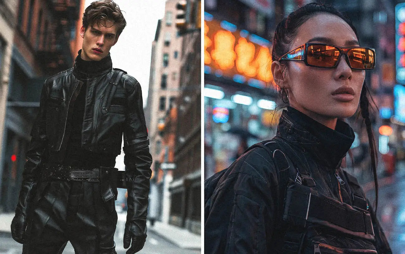 a man and a woman in cyberpunk outfits