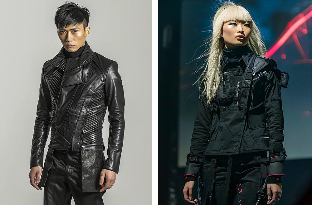 an asian male and female in dystopian outfits