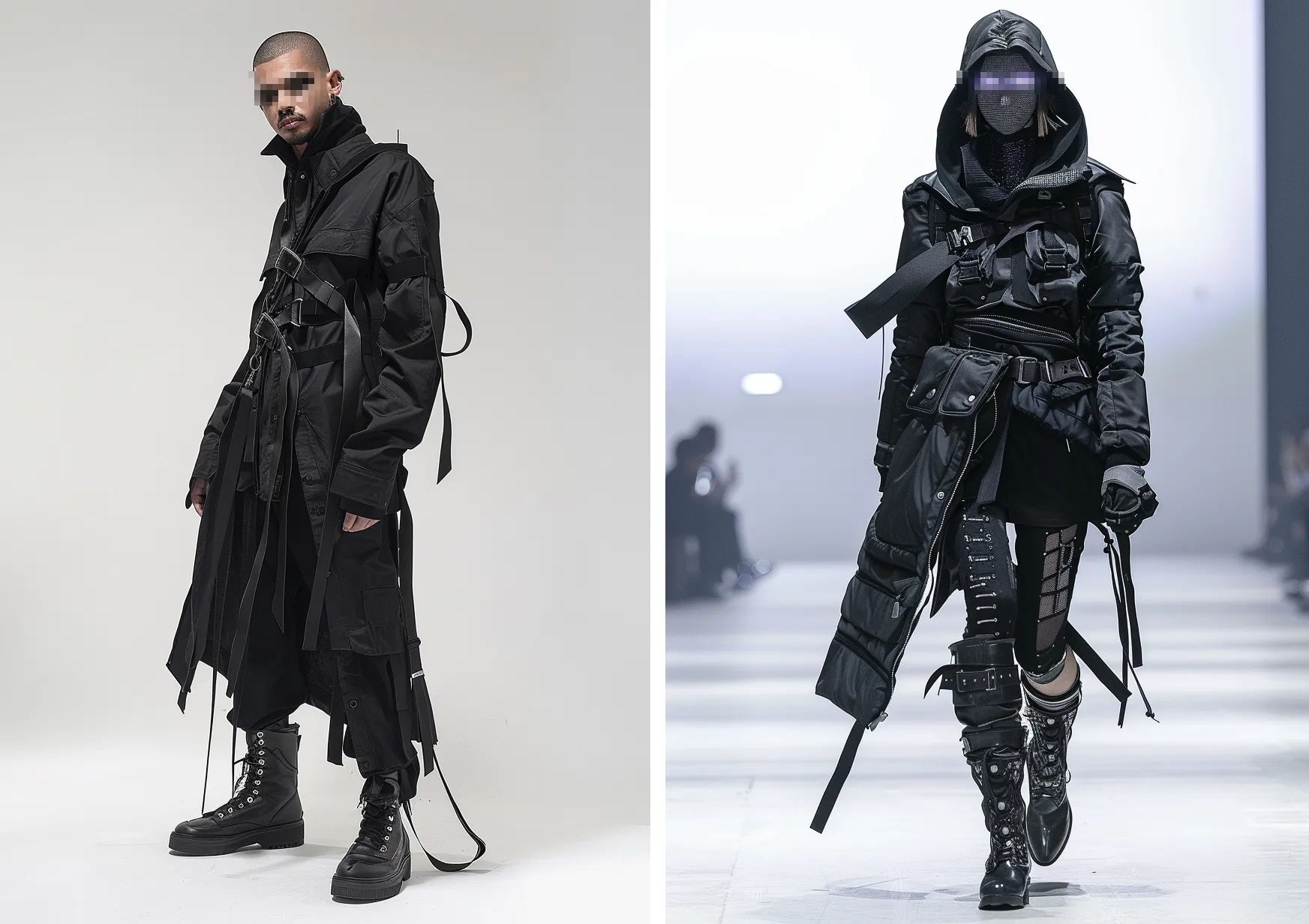 a man and a woman wearing dystopian clothes with tactical elements