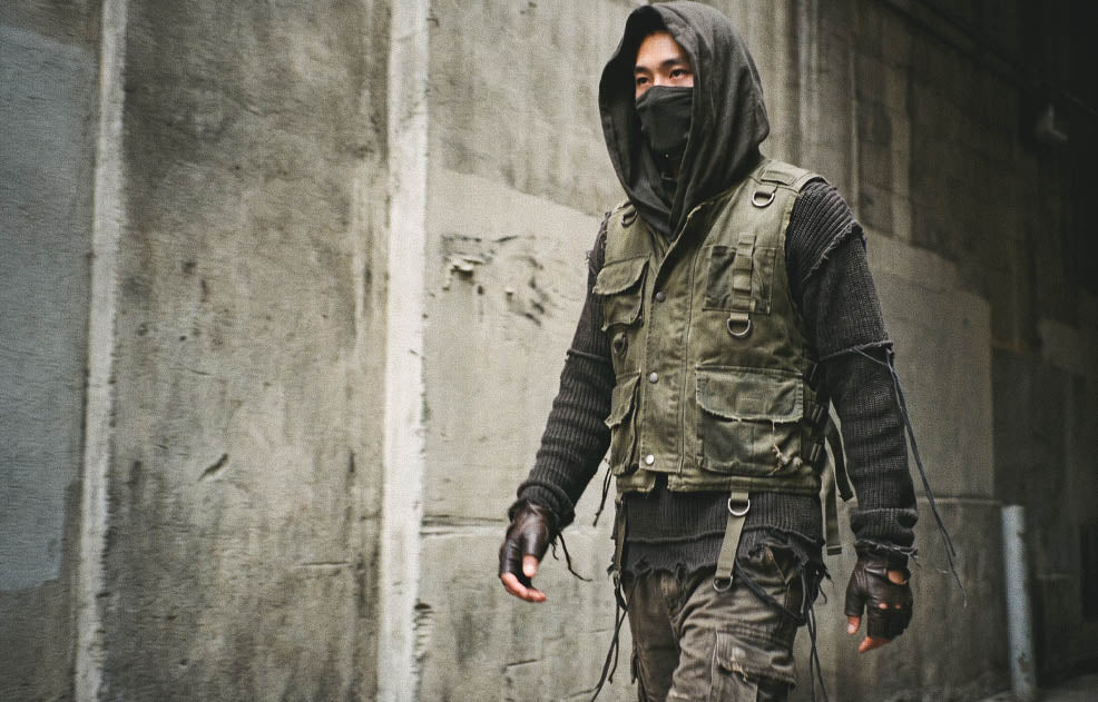 asian man in dystopian outfit