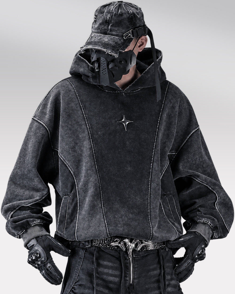 Faded Black Hoodie "Yoruichi", Black, model wearing the hoodie, front three-quarter hero