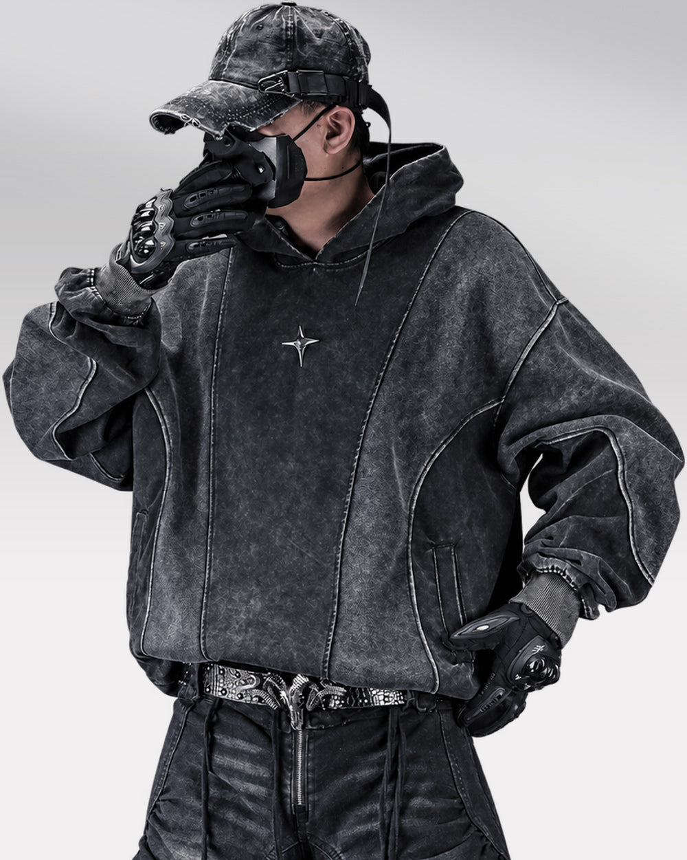 Faded Black Hoodie "Yoruichi", Black, model wearing the hoodie, side three-quarter view