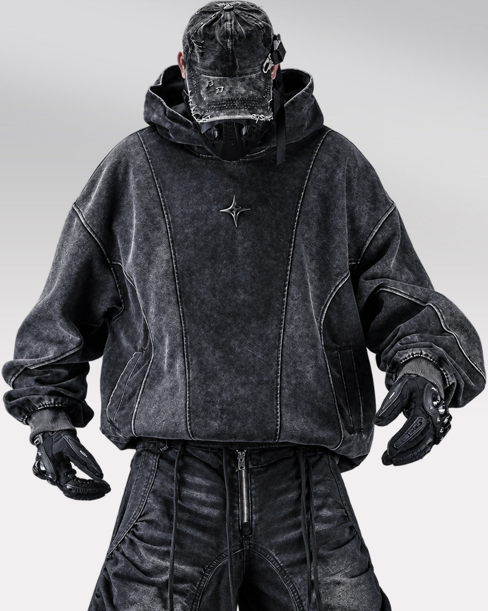 Faded Black Hoodie "Yoruichi", Black, model wearing the hoodie, open-arm front pose