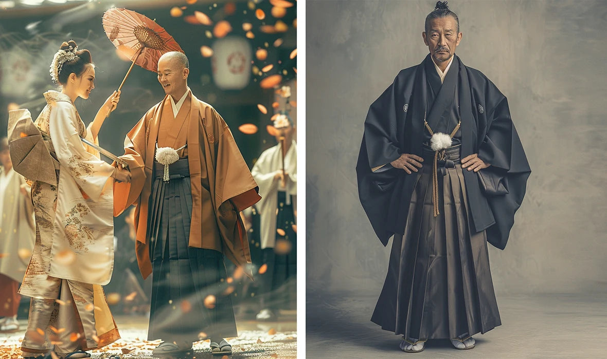 woman and old men wearing hakama pants