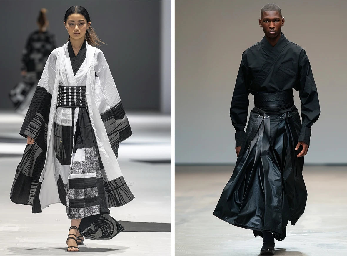 an asian woman and a black man wearing hakama pants