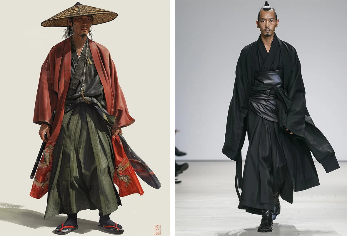 ancient and modern pictures of a man wearing hakama pants