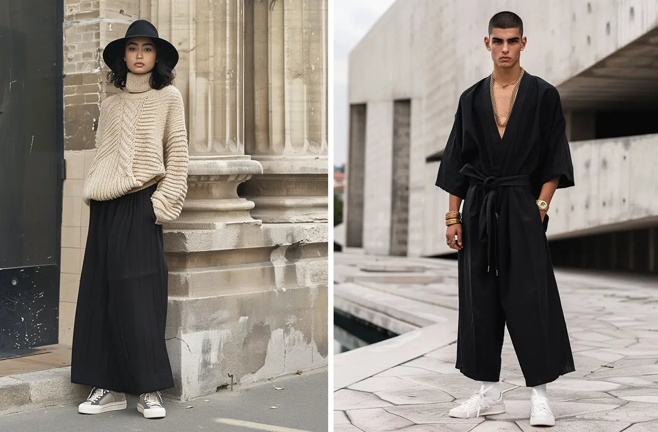 a woman and a man with stylish hakama pants