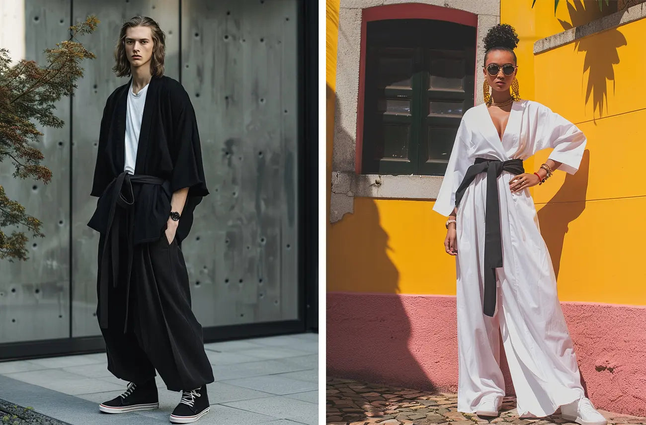 a man in black hakama pants and a woman in white hakama