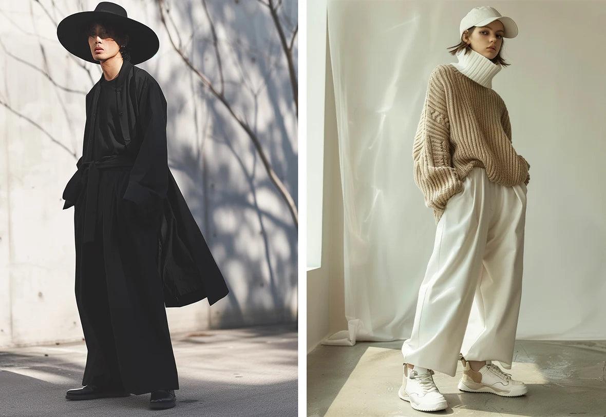 a man in black outfit with hakama pants and woman in beige outfit