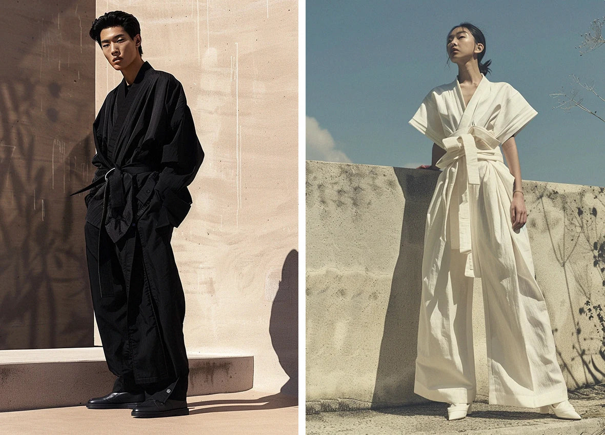 a man wearing a black hakama pants and a woman wearing a beige hakama