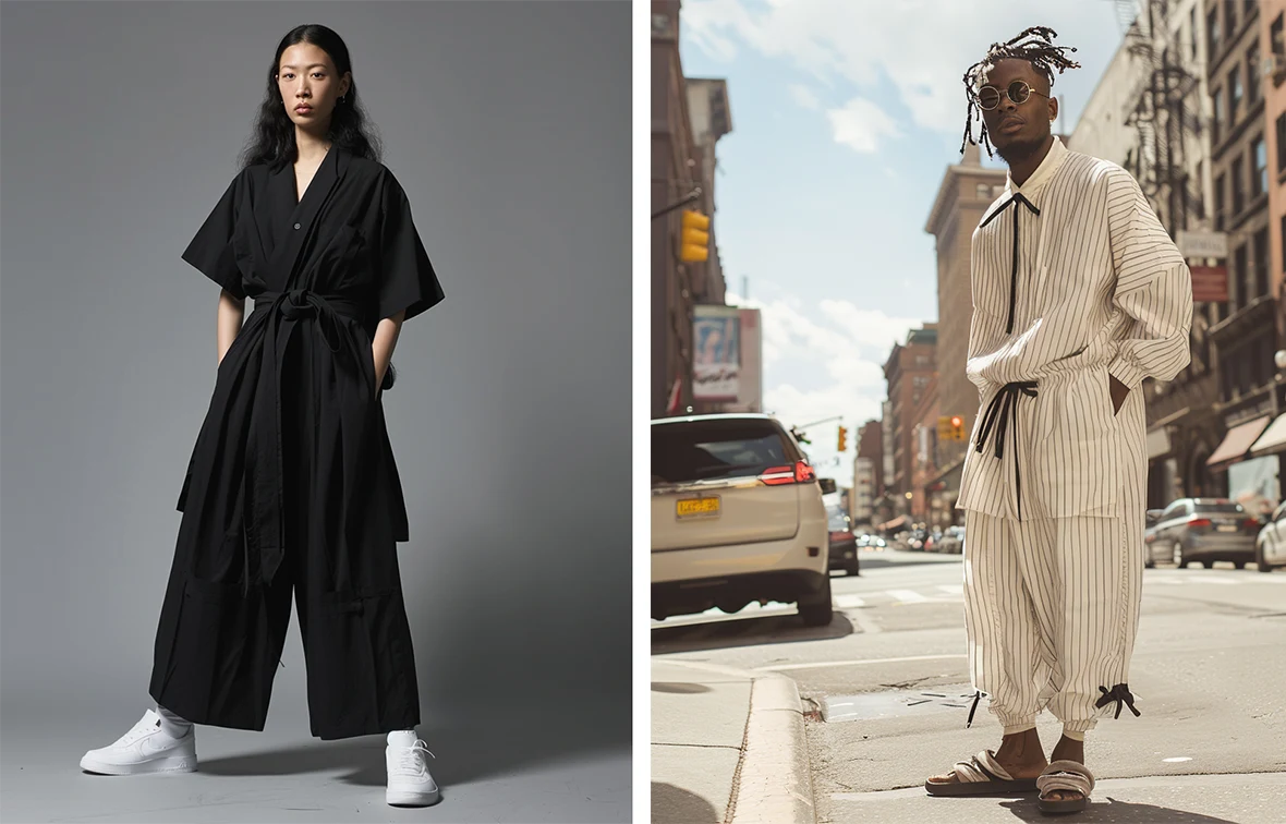 woman in black outfit and man in beige hakama pants with stripes