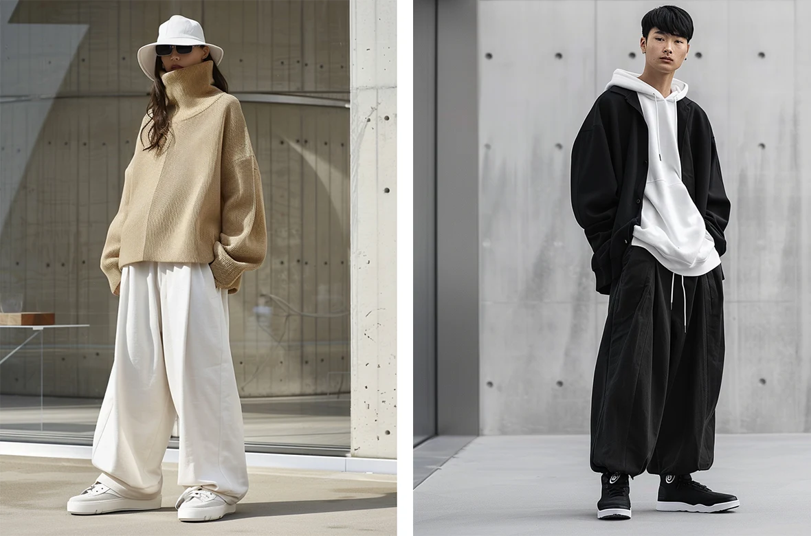 2 trendy persons wearing hakama pants