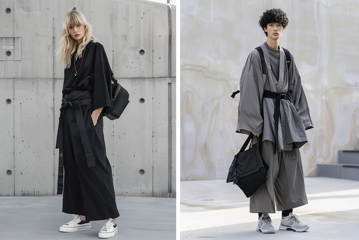 a blonde woman and an asian man wearing hakama pants