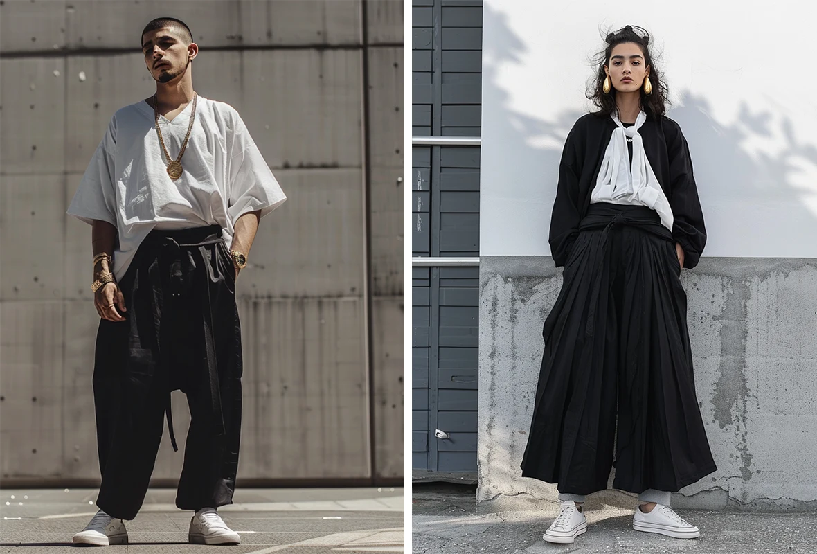 a brazilian man and a woman wearing jewelery and hakama pants