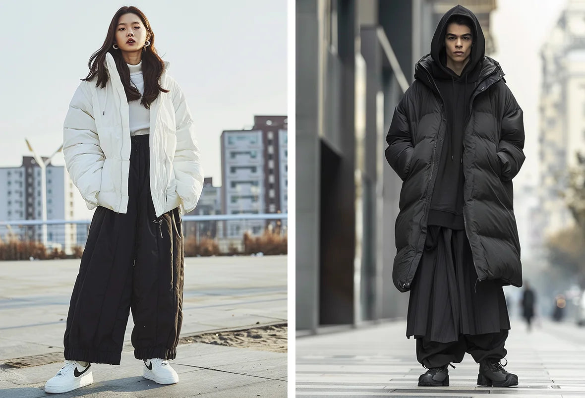 A woman wearing a white puffer jacket and white hakama pants poses next to a man dressed in a black puffer jacket and black hakama pants