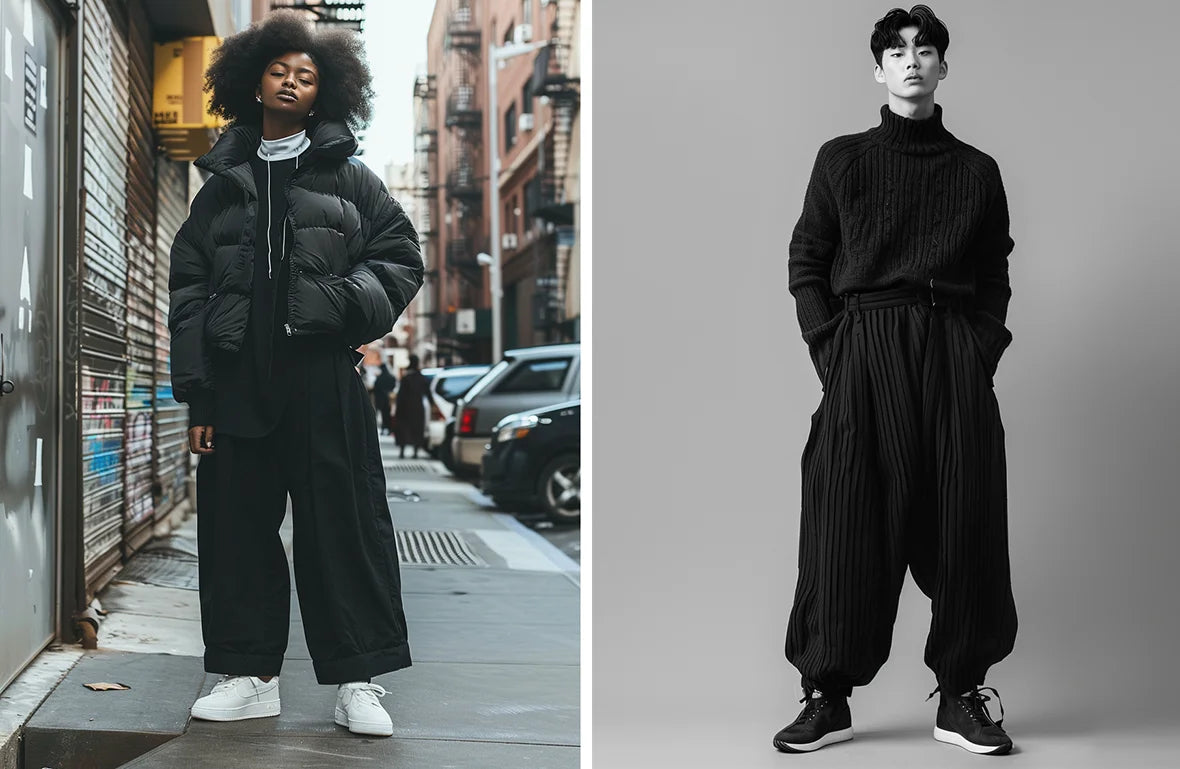 A young woman in a black puffer jacket and black hakama pants, standing confidently in front of a modern buildin and a man in all black hakama pants