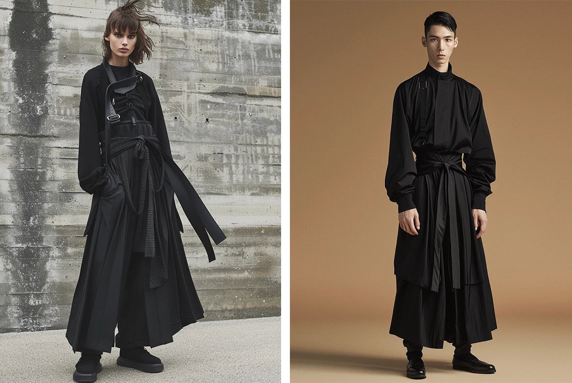 2 models in black hakama trousers