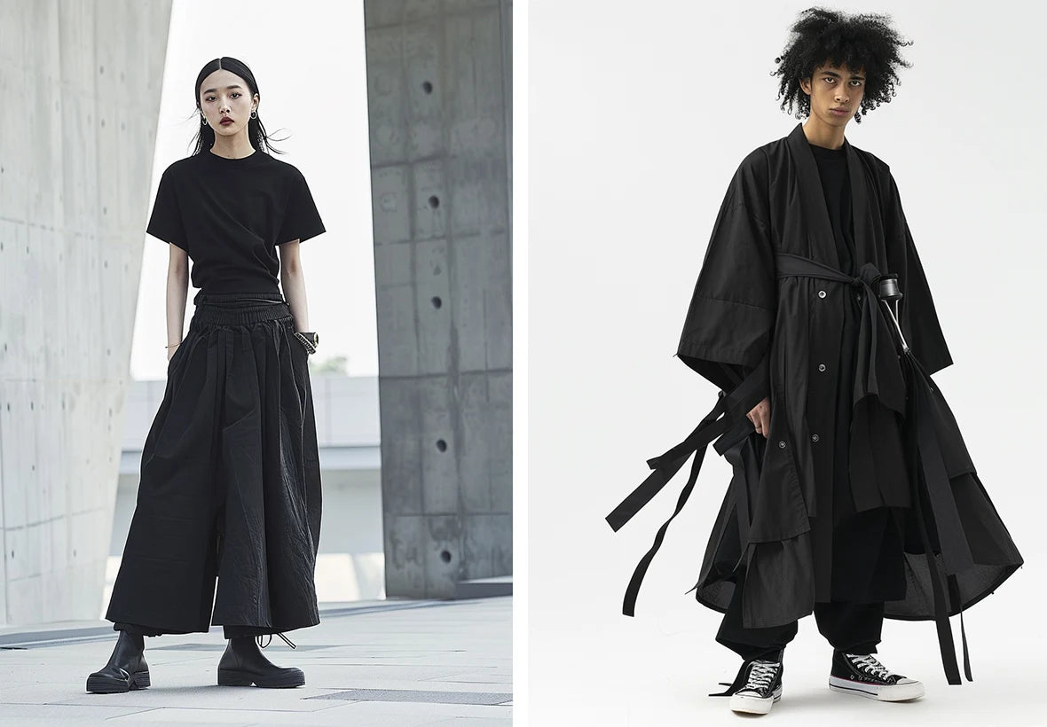 Male and female models in black Hakama pants and kimono tops, standing in contrasting urban and traditional settings, emphasizing versatility in modern Japanese-inspired fashion.