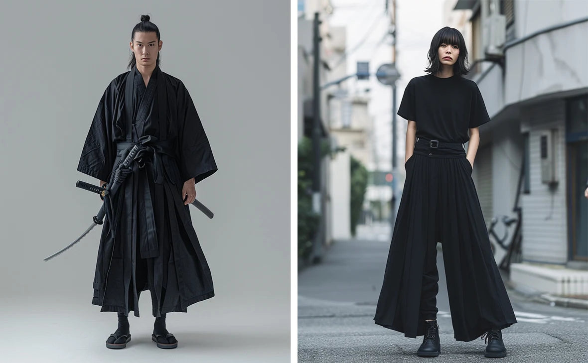 Male model wearing black Hakama pants and a kimono, posing against a rustic, industrial background, embodying a contemporary samurai aesthetic.