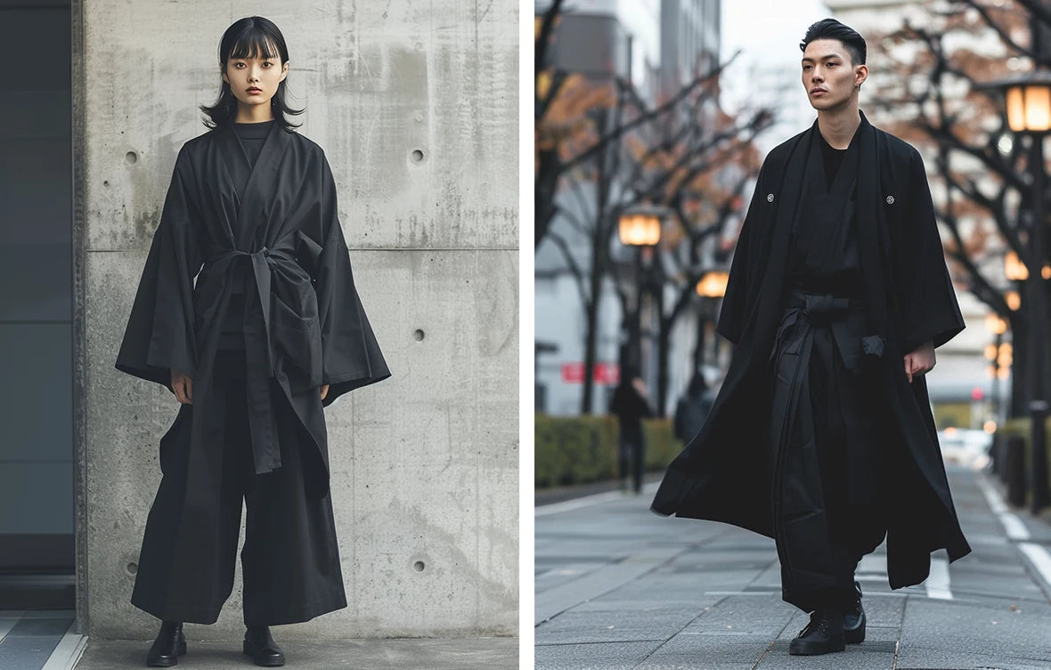 two modelsin black Hakama pants and a traditional kimono, standing in an empty, minimalistic room.