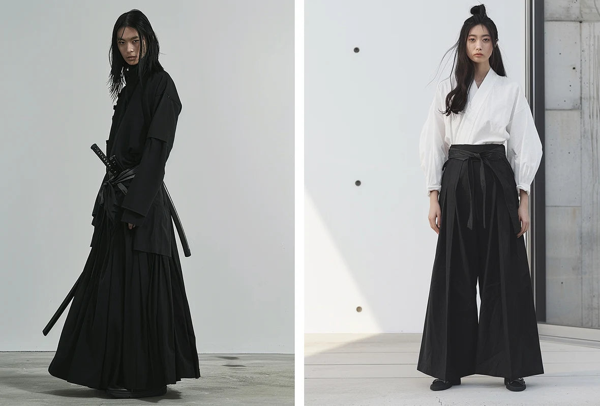 models dressed in black Hakama pants  posing in a modern urban environment with a concrete background.