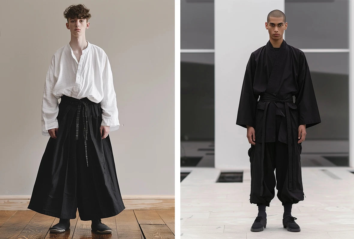 Young male model wearing a traditional Japanese outfit with wide-legged black Hakama pants and a loose white shirt, standing on a wooden floor against a plain background.