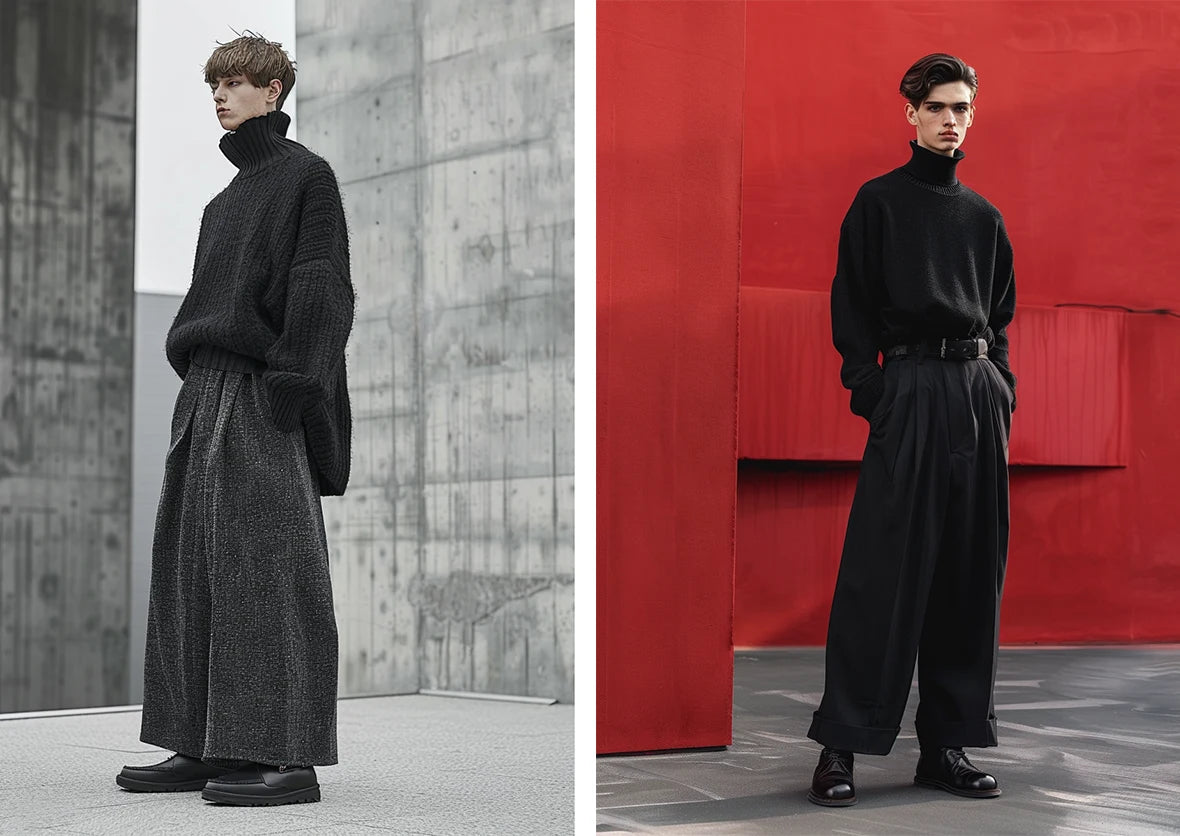 two men in casual hakama pants with thick sweaters and tops in turtleneck shapes