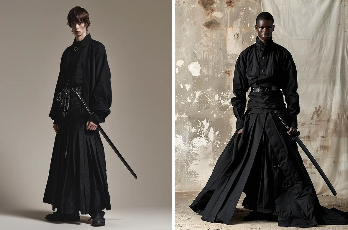 a white man and a black man wearing a hakama pants