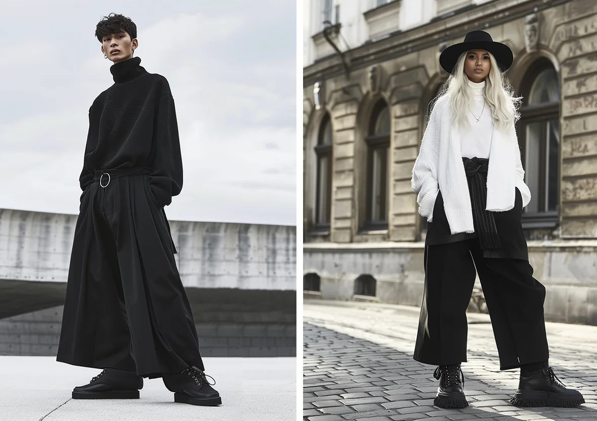 a man in all black outfit with hakama pants, and a woman with a black and white outfit