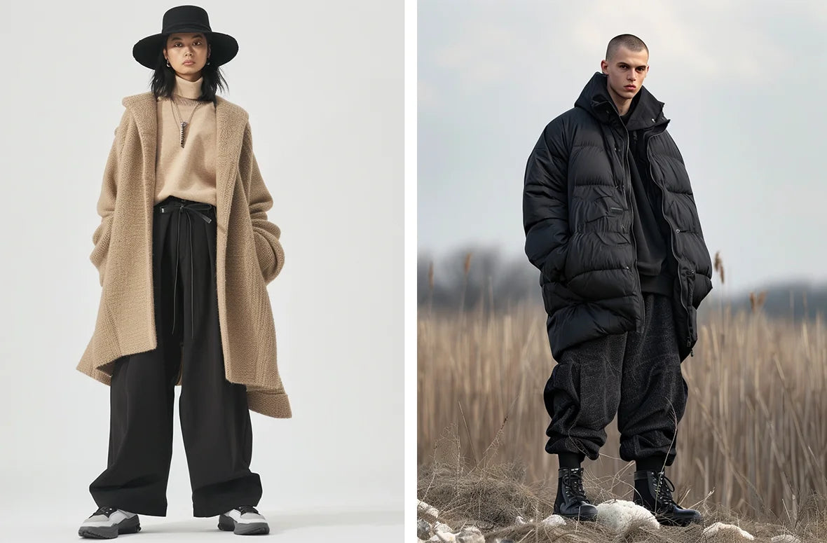 A woman in a beige coat and black hakama pants poses next to a man in a long black coat and black hakama pants, on a countryside path.