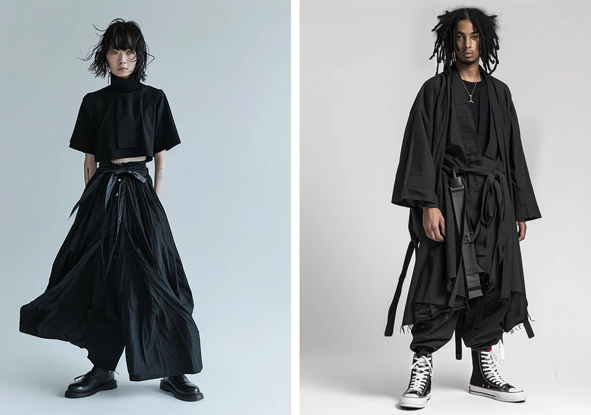 a woman and a black man in traditional hakama pants