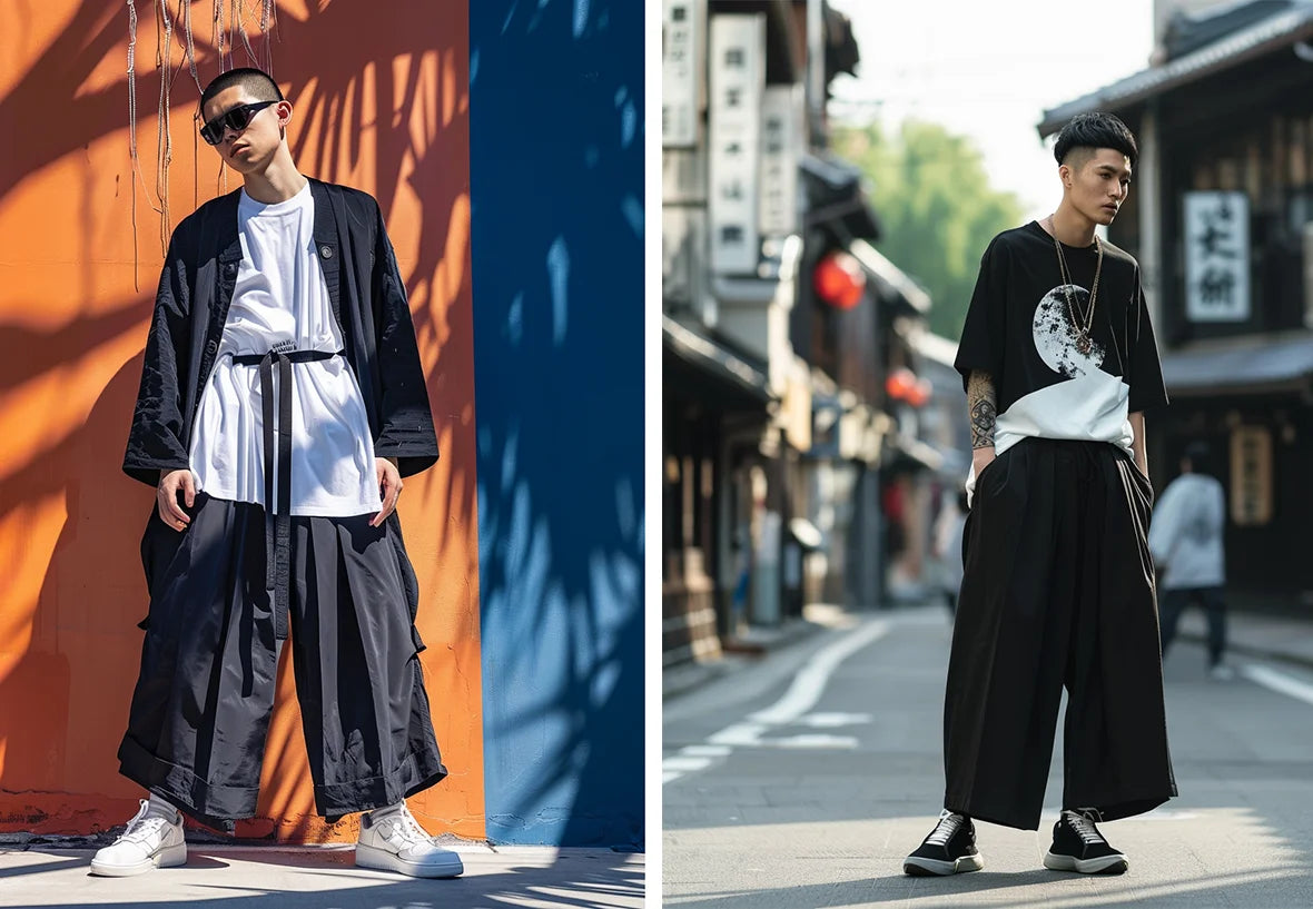 A man in a black kimono over a white shirt and black hakama pants stands next to another man wearing a white t-shirt with a moon print and black hakama pants, in a traditional-style street.