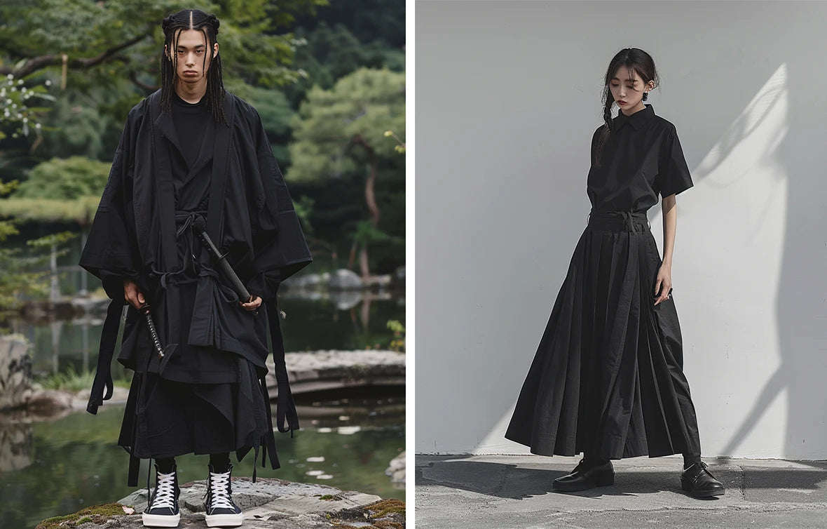 models wearing layered black Hakama pants and a kimono jacket with multiple belts, posing against a white background, highlighting intricate details of the outfit.