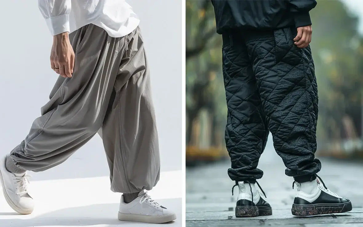 a grey and black harem pants