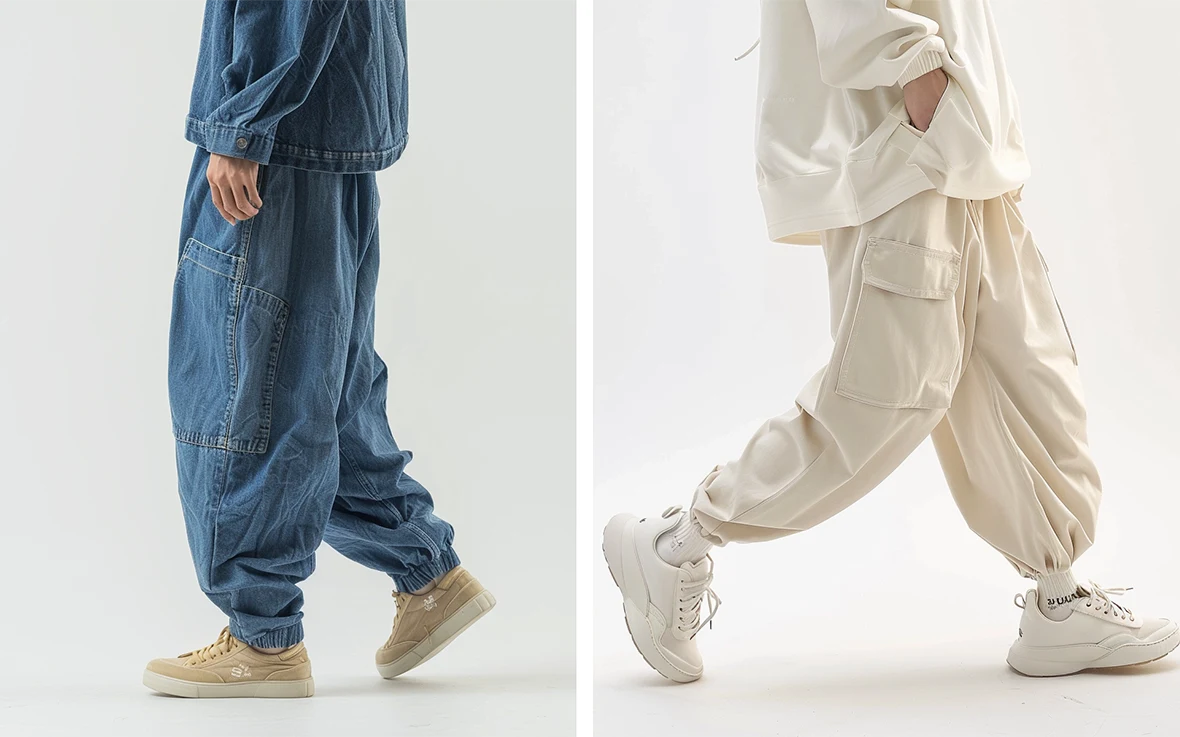 denim harem pants and white harem pants