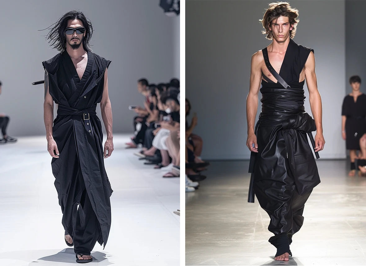 two models in a runway wearing hakama pants