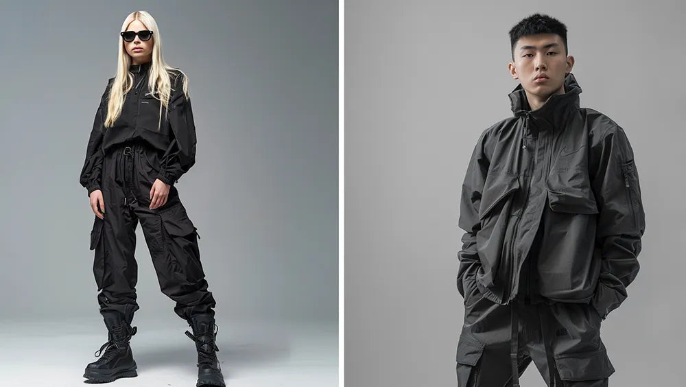 a blonde girl and asian man in techwear outfit