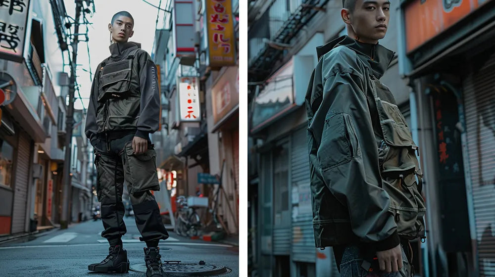 a man wearing japanese techwear outfit