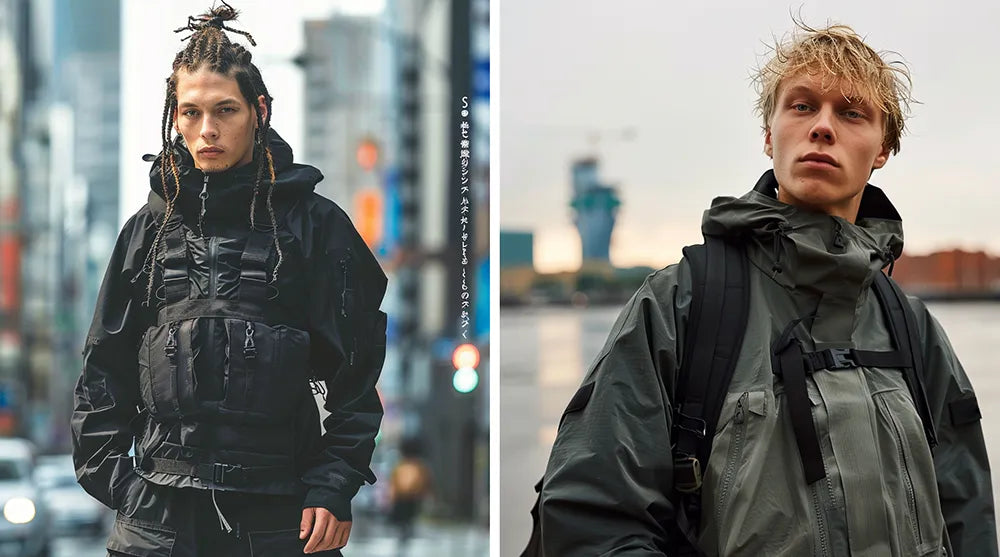 two men wearing japanese techwear clothes