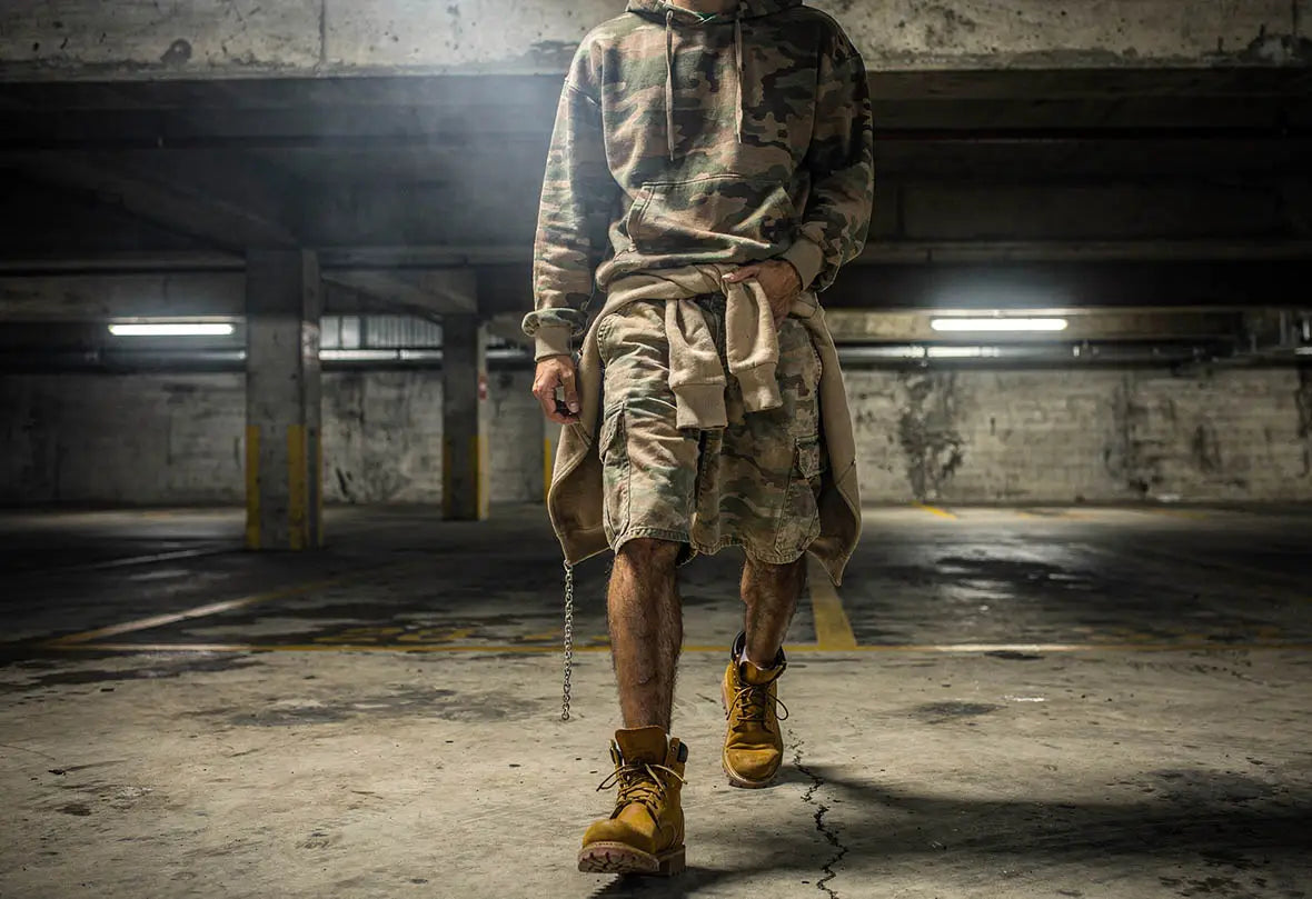 Camo jorts worn in a streetwear look