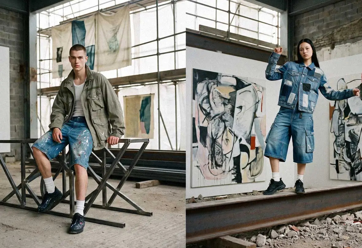 denim jorts styled in an editorial streetwear shoot