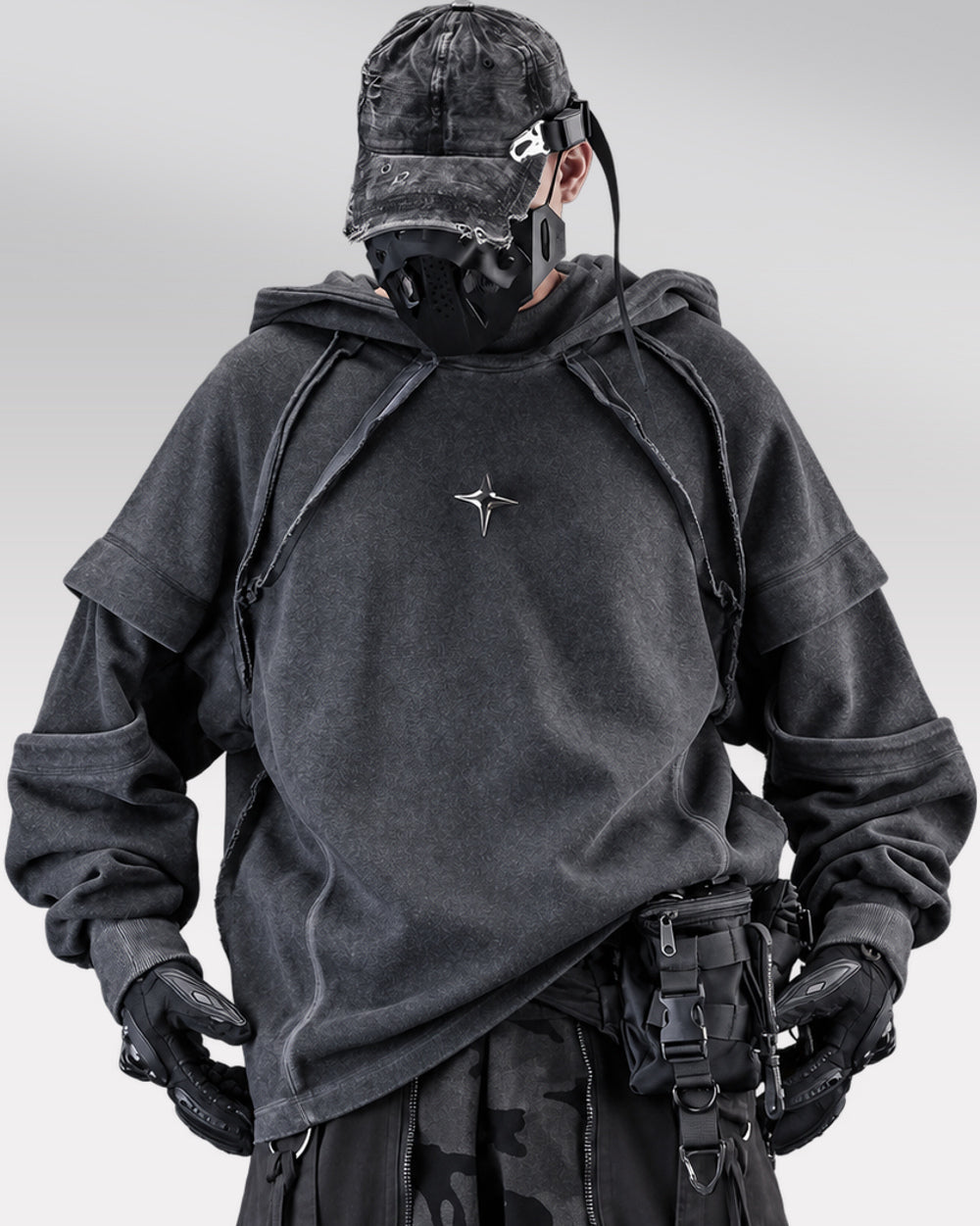 Layered Hoodie "Roy", Black, front worn view with lower hem draped to one side
