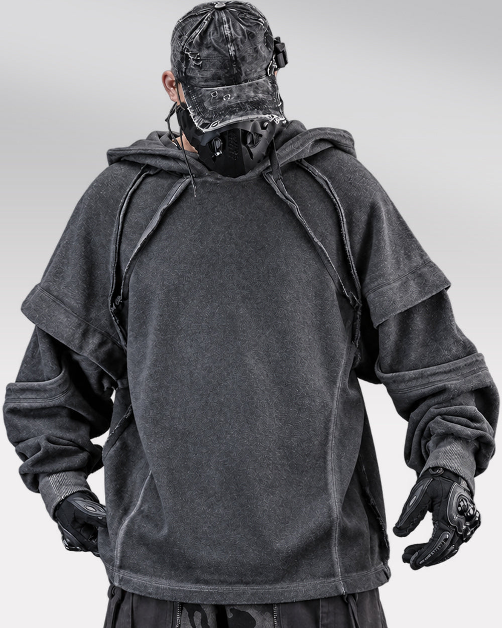 Layered Hoodie "Roy", Black, front worn view with layered elbow bands