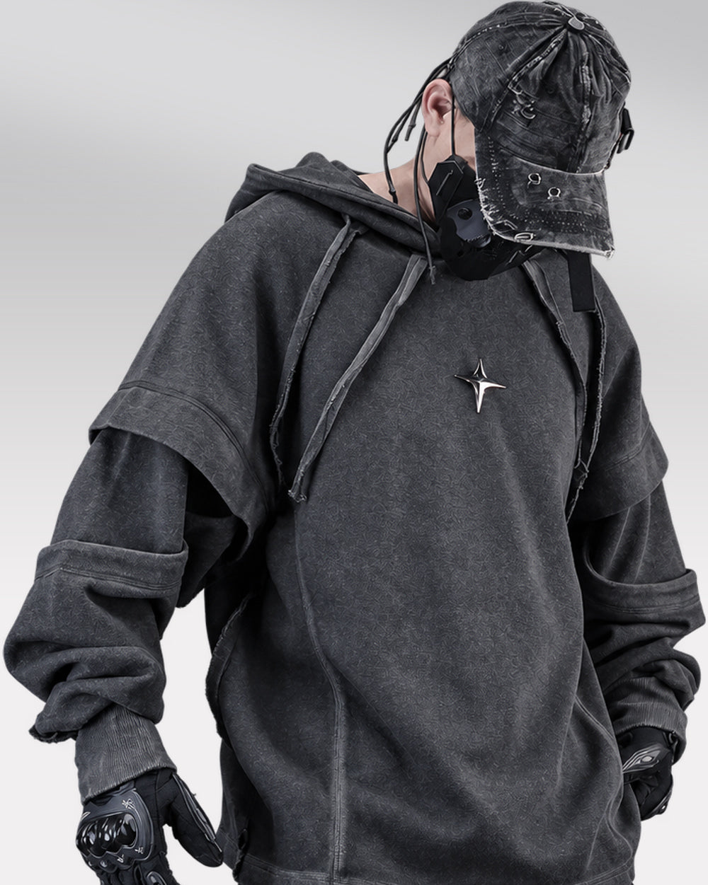 Layered Hoodie "Roy", Black, three-quarter worn view