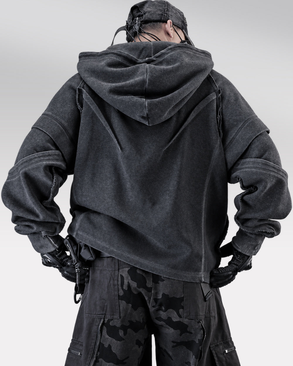 Layered Hoodie "Roy", Black, rear worn view