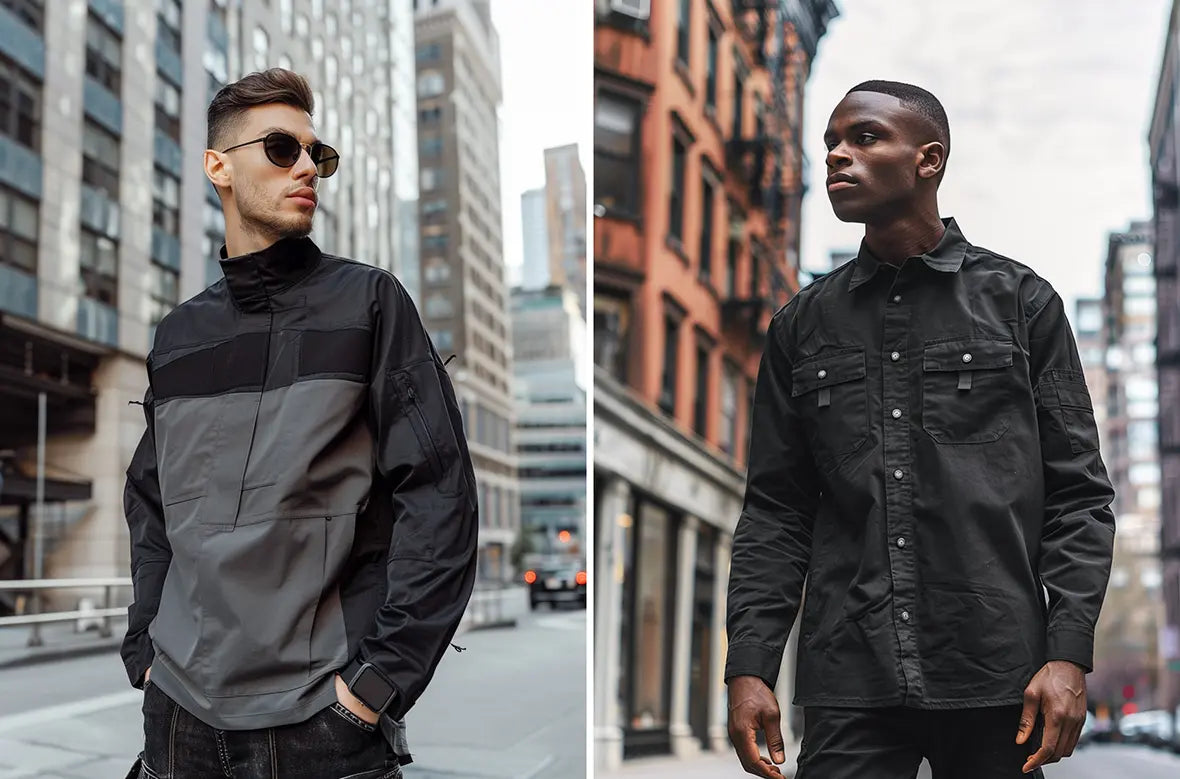 Two men styled in urban long sleeve shirts