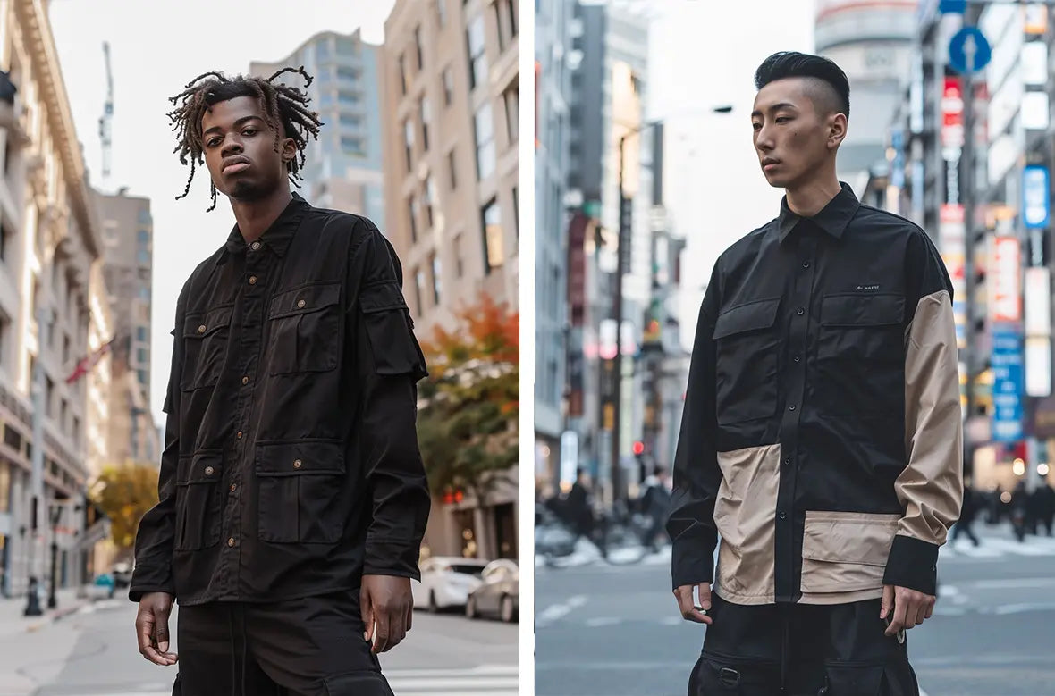 Two men showcasing urban techwear long sleeve shirts