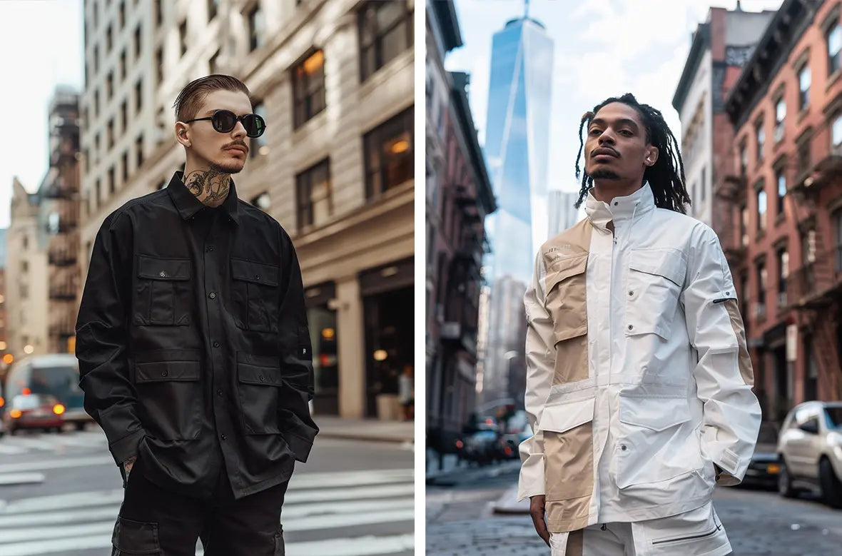 Urban long sleeve shirts styled for the streets; the left model in a tactical black shirt with button details, and the right in a monochromatic beige tech jacket featuring utilitarian pocket designs.