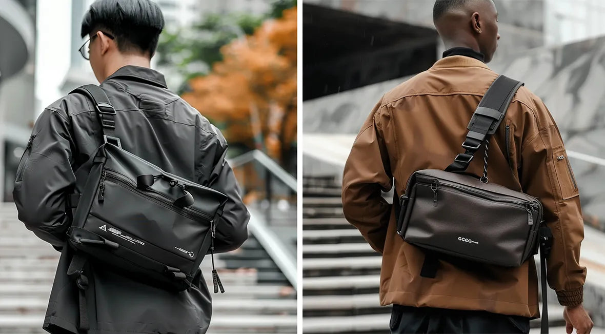 The image features two individuals wearing stylish messenger bags in a modern techwear setting. The left model has dreadlocks and is dressed in a black tactical jacket, with the messenger bag contrasting against the outfit’s dark tone. The right model, wearing a light brown jacket, pairs the black leather messenger bag for a striking urban look.