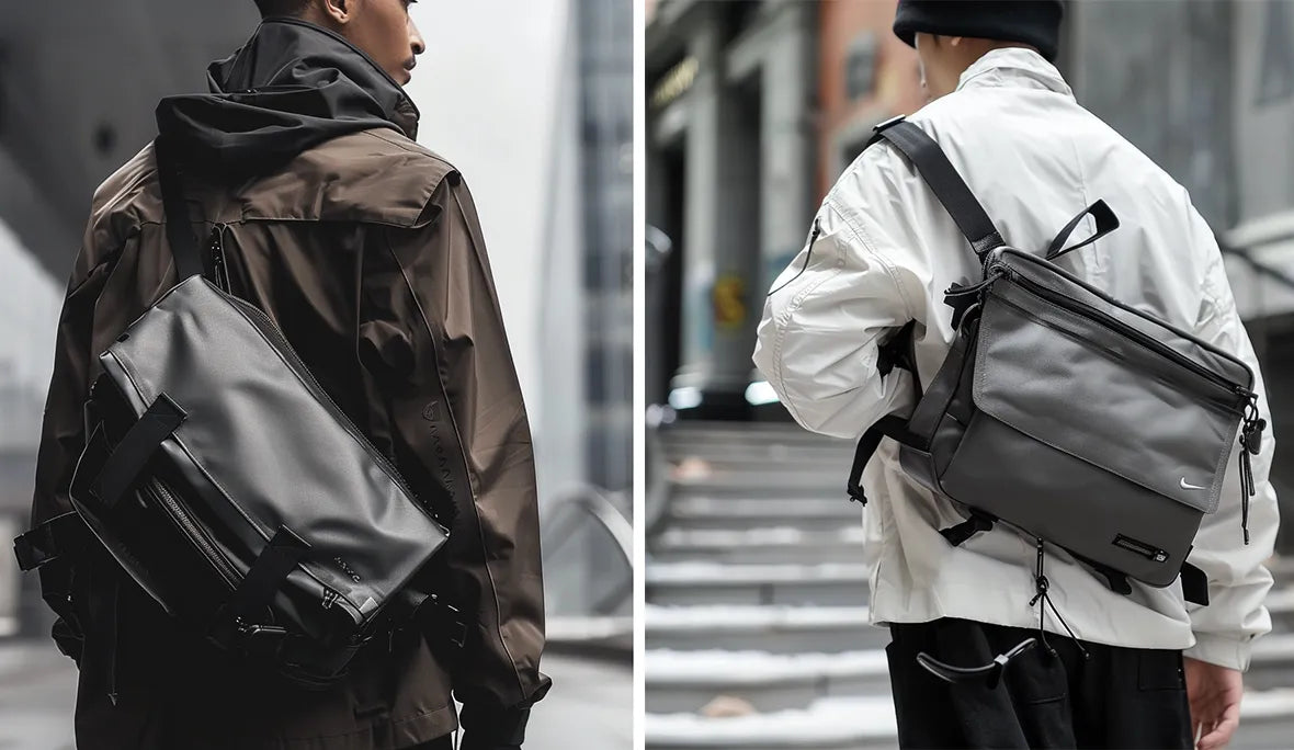 Two models are seen wearing messenger bags in a streetwear-inspired setting. The left individual is in a white jacket, with the leather messenger bag complementing the clean aesthetic. On the right, the model sports a khaki bomber jacket with a messenger bag that boasts several zippered compartments, making it an ideal choice for city life.